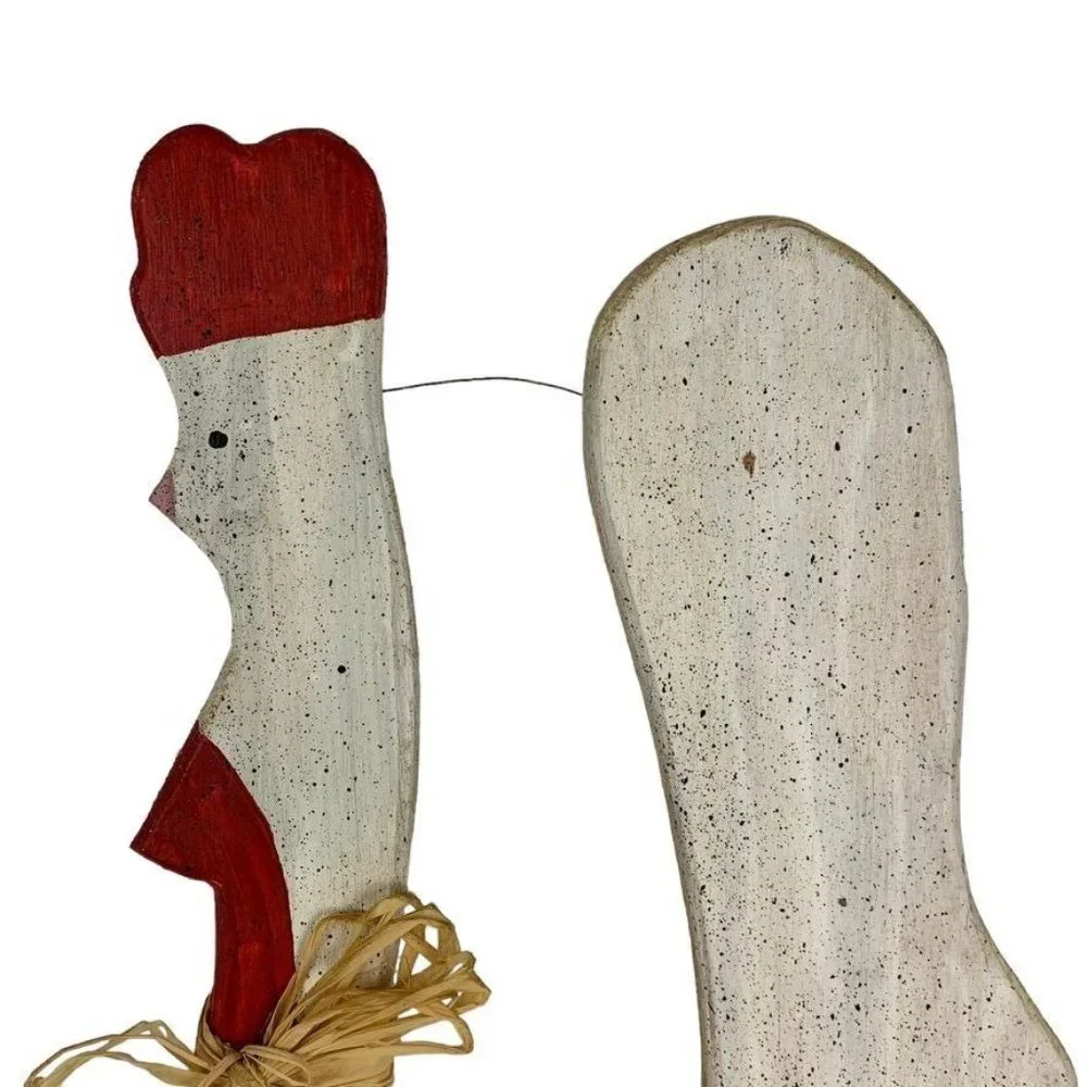 Handmade Tall Speckled Chicken Wall Hanging Raffia Bow Wood 22